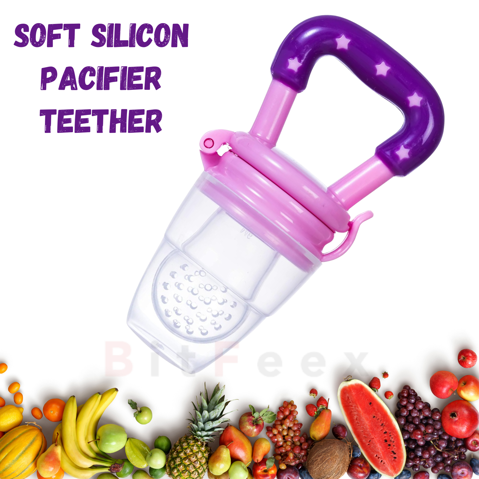 BitFeex Silicone Food Fruit Nibbler with Extra Mesh Soft Pacifier Feeder Teether for Infant Baby Elegant Purple BPA Free