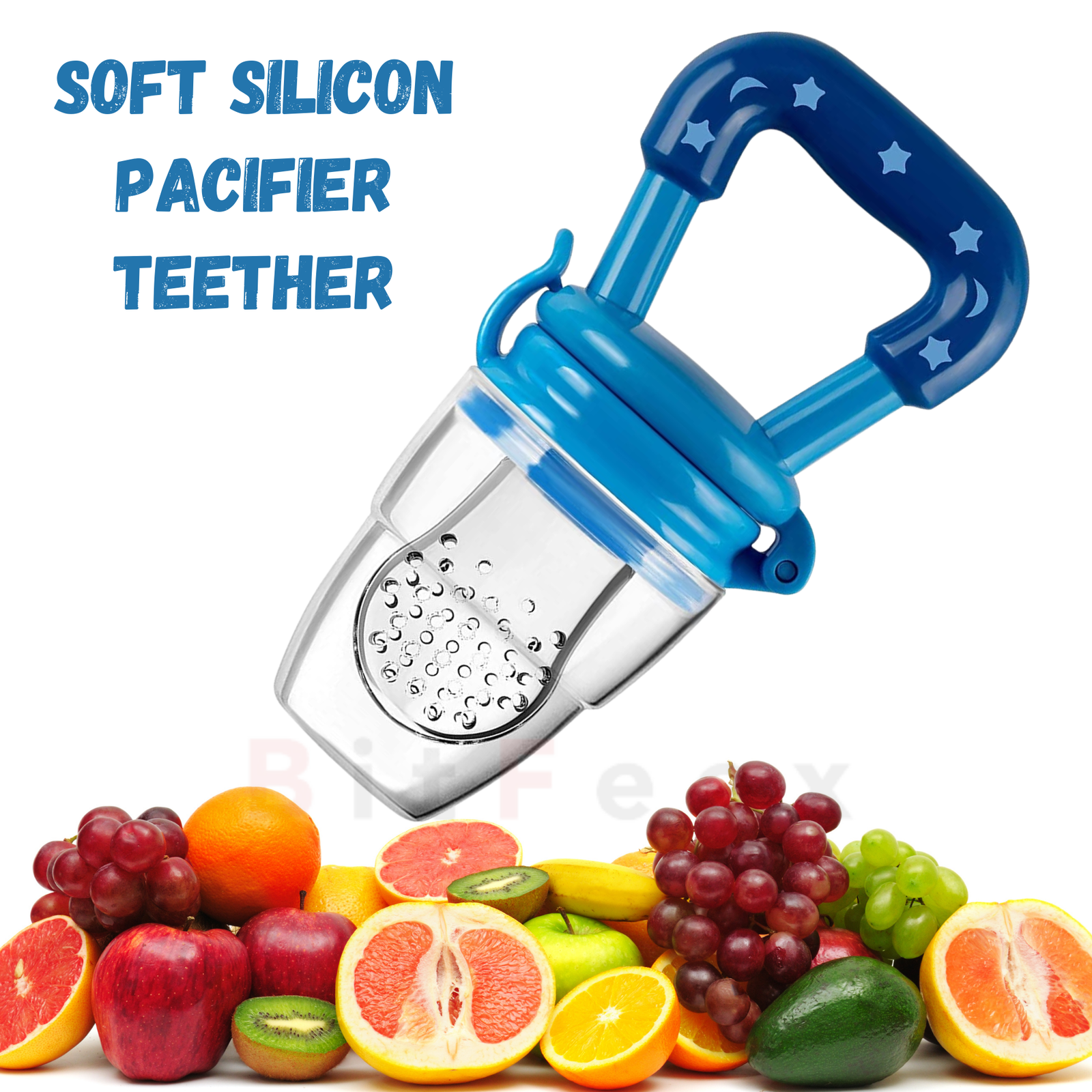 BitFeex Silicone Food Fruit Nibbler with Extra Mesh Soft Pacifier Feeder Teether for Infant Baby Elegant Blue BPA Free