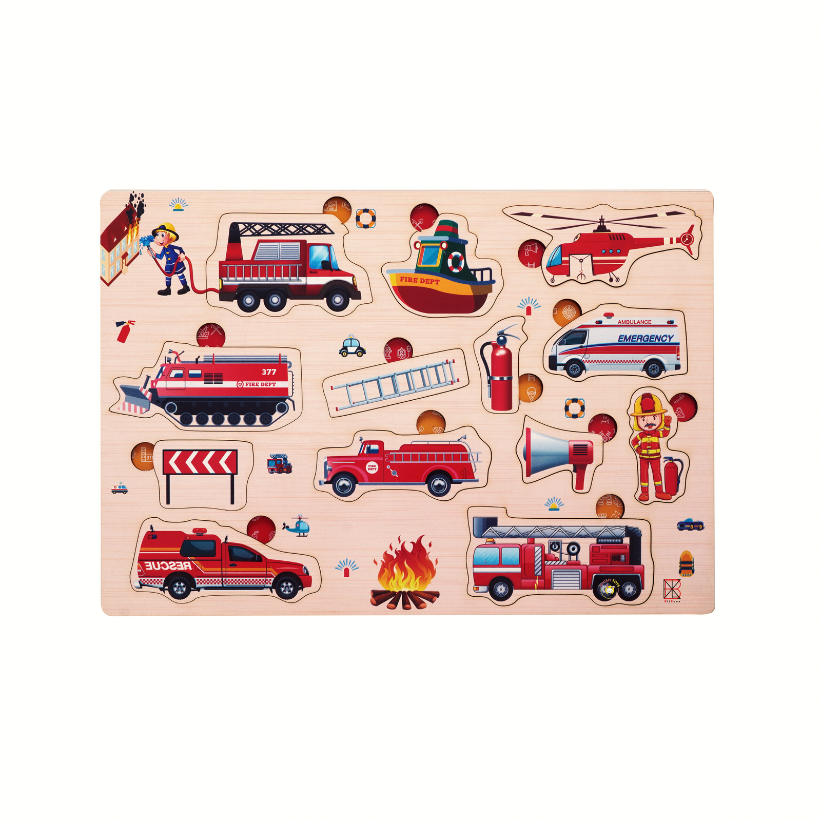 BitFeex Wooden Fire Brigade Puzzle Wooden Board Peg Fire Brigade Equipment & Vehicle Puzzle - 13 Pieces