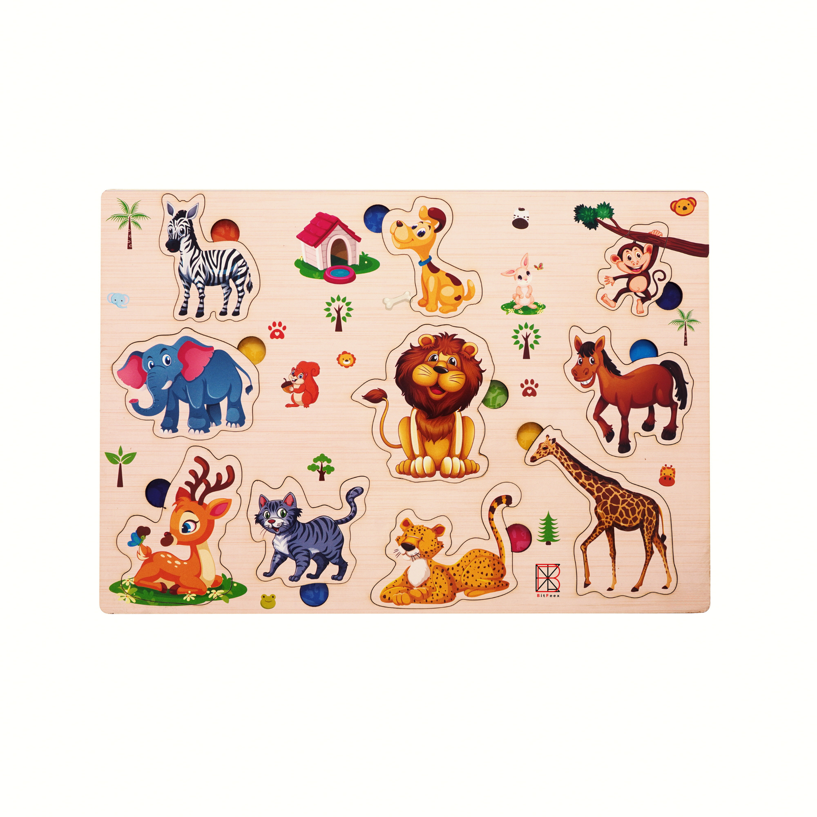 BitFeex Wooden Board Peg Animal Puzzle Toy - Multicolour