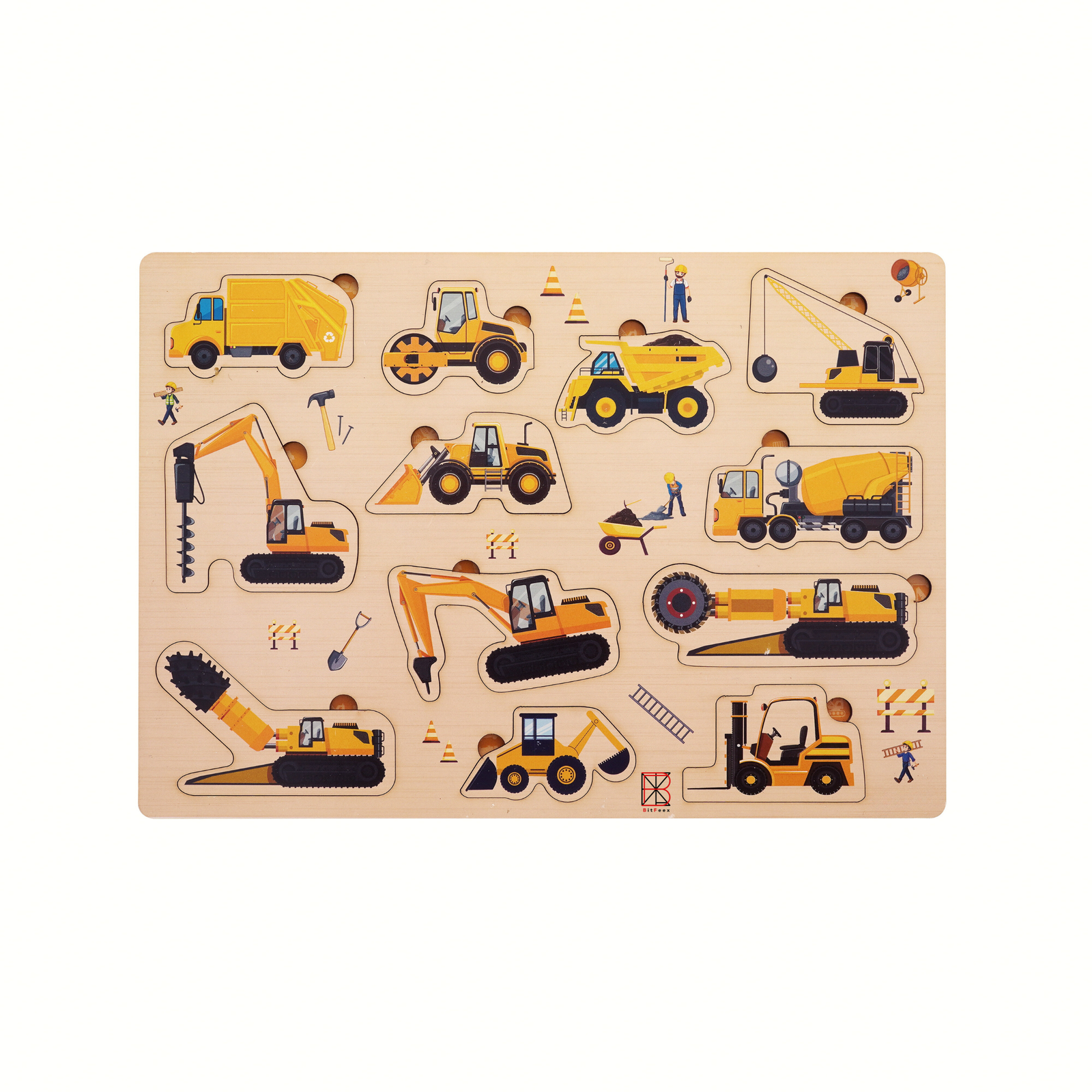 BitFeex Wooden Board Peg Construction Vehicles Puzzle Toy - Multicolour