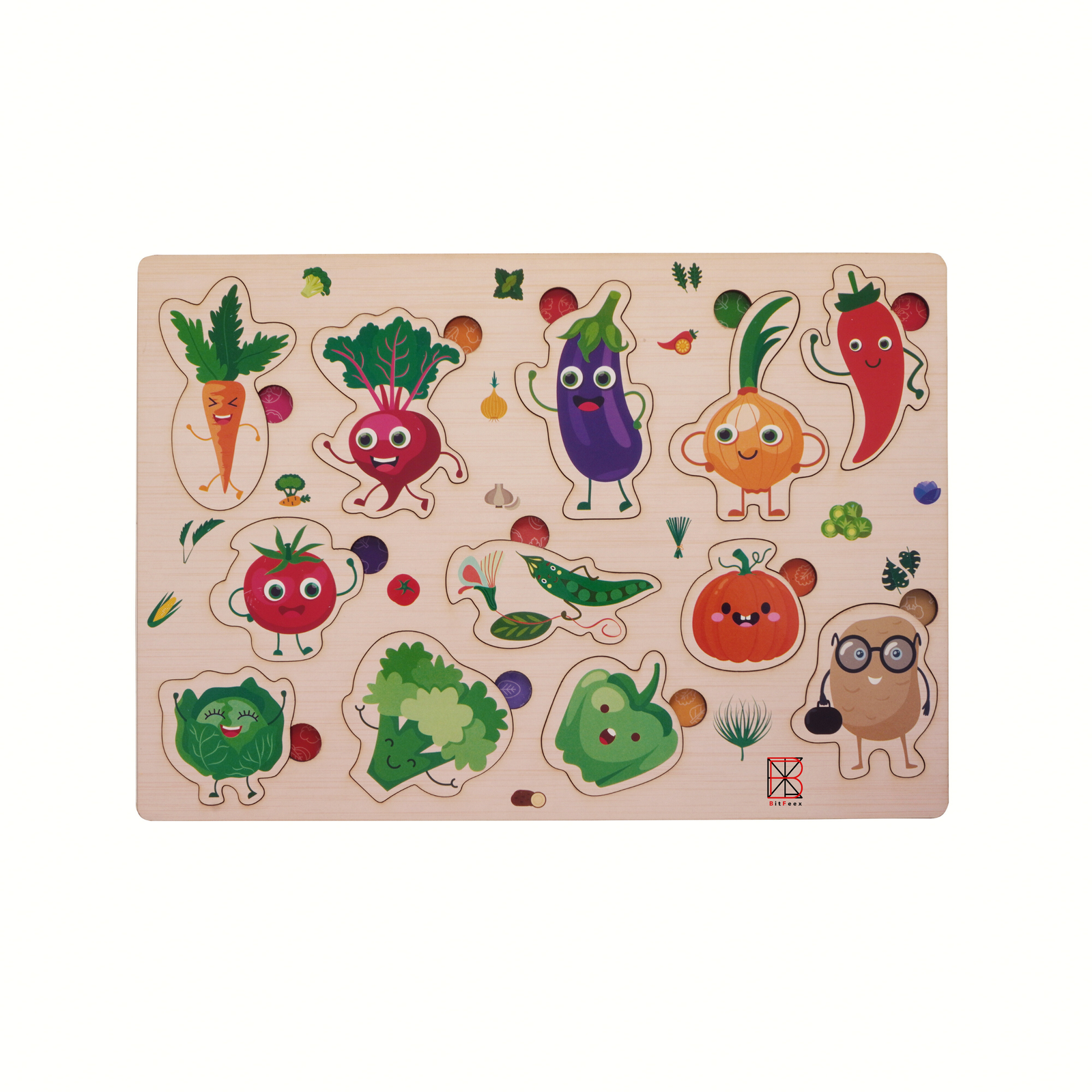 BitFeex Wooden Board Peg Vegetable Puzzle - Multicolour